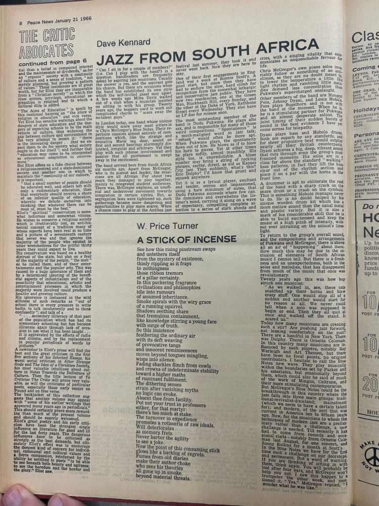 A report on South African Jazz from Peace News, Jan 21 1966. Plus a poem by W Price Turner. 