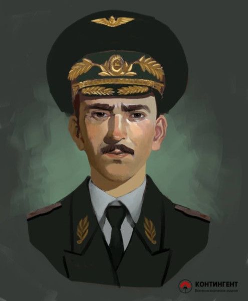 artwork, Dzhokhar Dudayev by Anastasia Antonova, a stern looking man in military uniform, he had a successful military career in the Russian military and after only 15 years of active military service, he reached the rank of major general of aviation. He was the first president of the Chechen Republic of Ichkeria, 1995.