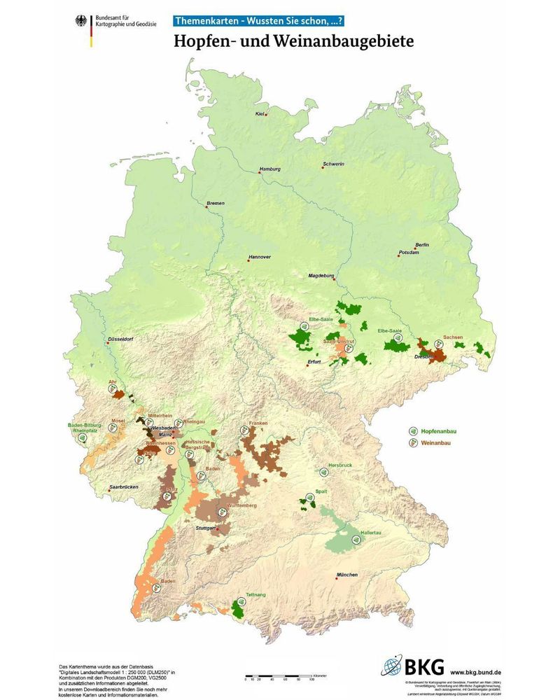 Karte von Deutshcland mit den Flächen der Hopfen- und Weinanbaugebiete
