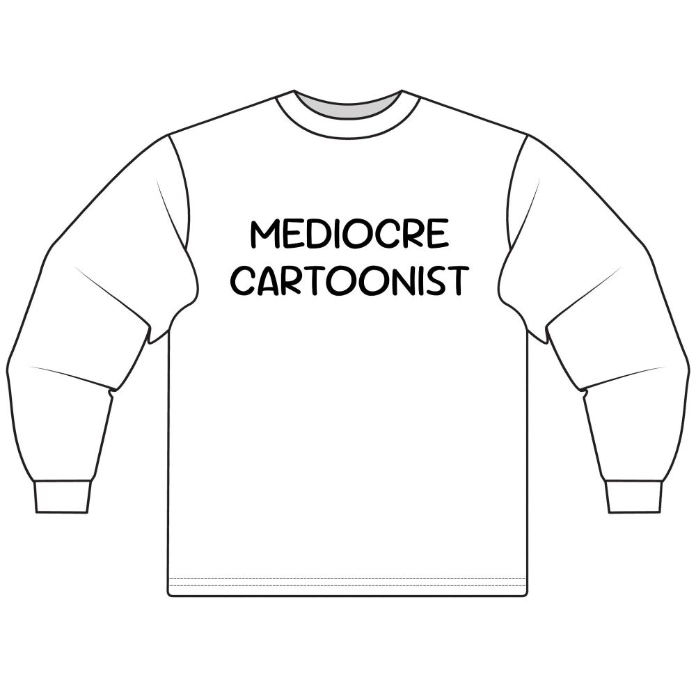 A long sleeve white tee shirt that says 