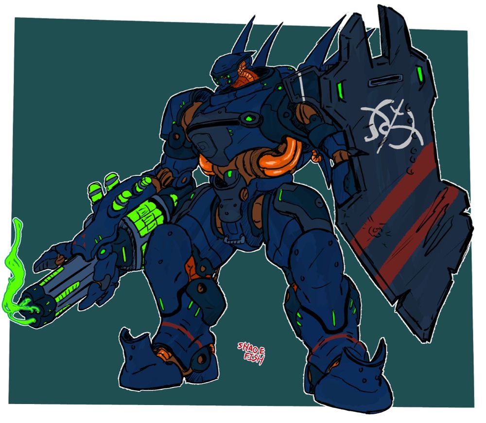 A Lancer RPG mech, the Drake, but styled like a Hunter from Halo 
