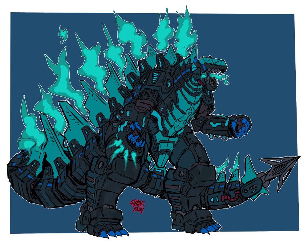 A dinosaur like mecha that is based on the World Killer Genghis from Lancer RPG and heavily stylized like Godzilla.