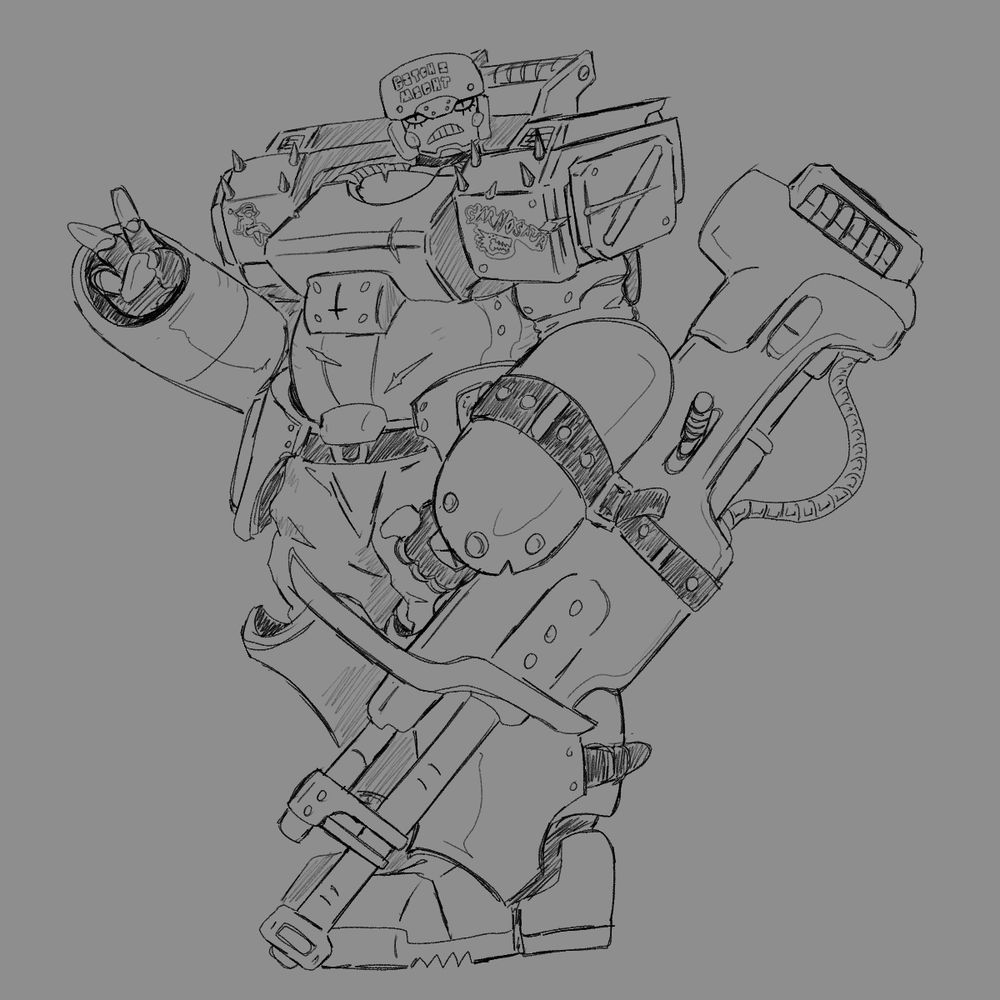 A large blocky and fat robot woman with a large gun and several stickers that say CARNOSAUR and BITCH I MIGHT