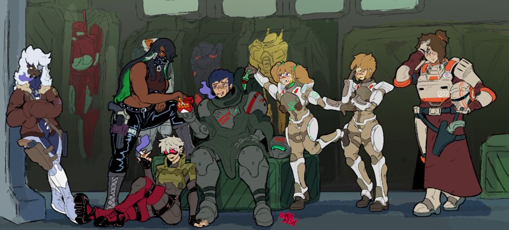A scene featuring 7 people in various armor and tactical gear all sharing cigarettes and gathering around in a mecha hangar with a hand full of machines in the bays behind them.