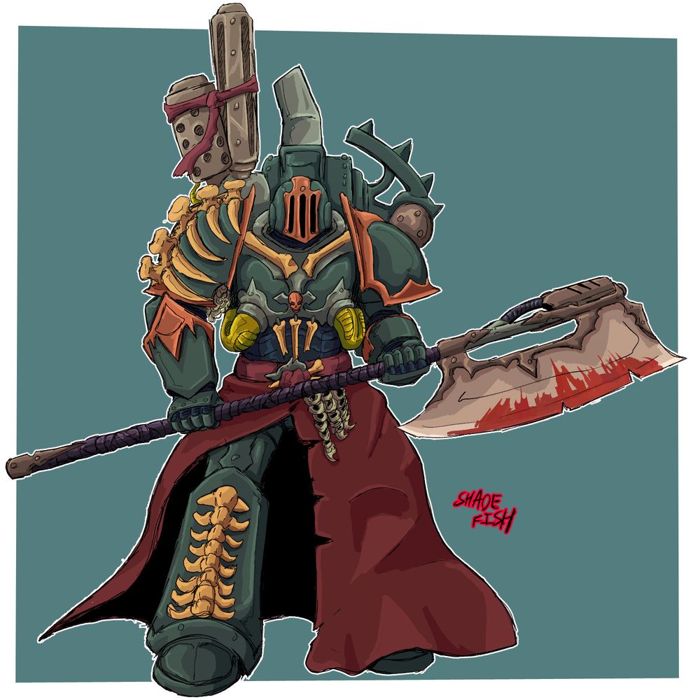 a green space marine covered in bones and wielding a large headsmens axe.