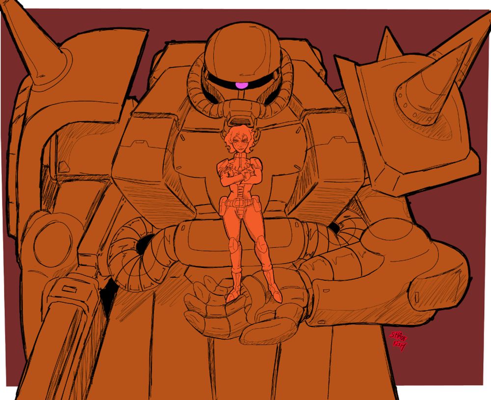 A zeon pilot standing in the hand of an orange Zaku II