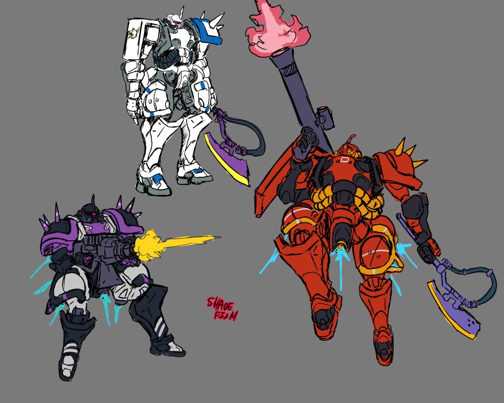 A pair of three sketches of the GQuuuuuuX version of the Zaku II. One is holding a bazooka and painted in Johny Ridden custom colors, One is holding a machine gun and painted in Black Tri Star colors, and the final one is holding a heathawk and painted in Shin Matsunaga colors. 