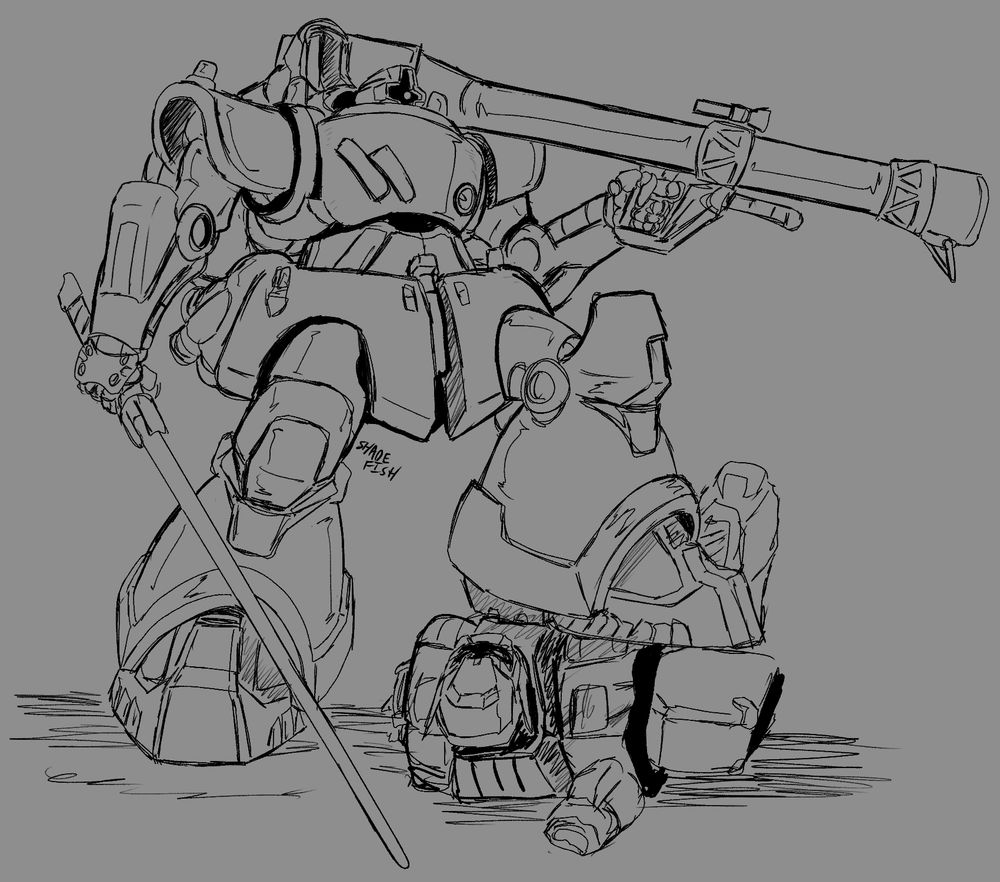 A Rick Dom from Gundam GQuuuuuuX standing over the broken frame of a Light Cannon. it is holding a heat saber and a bazooka. 
