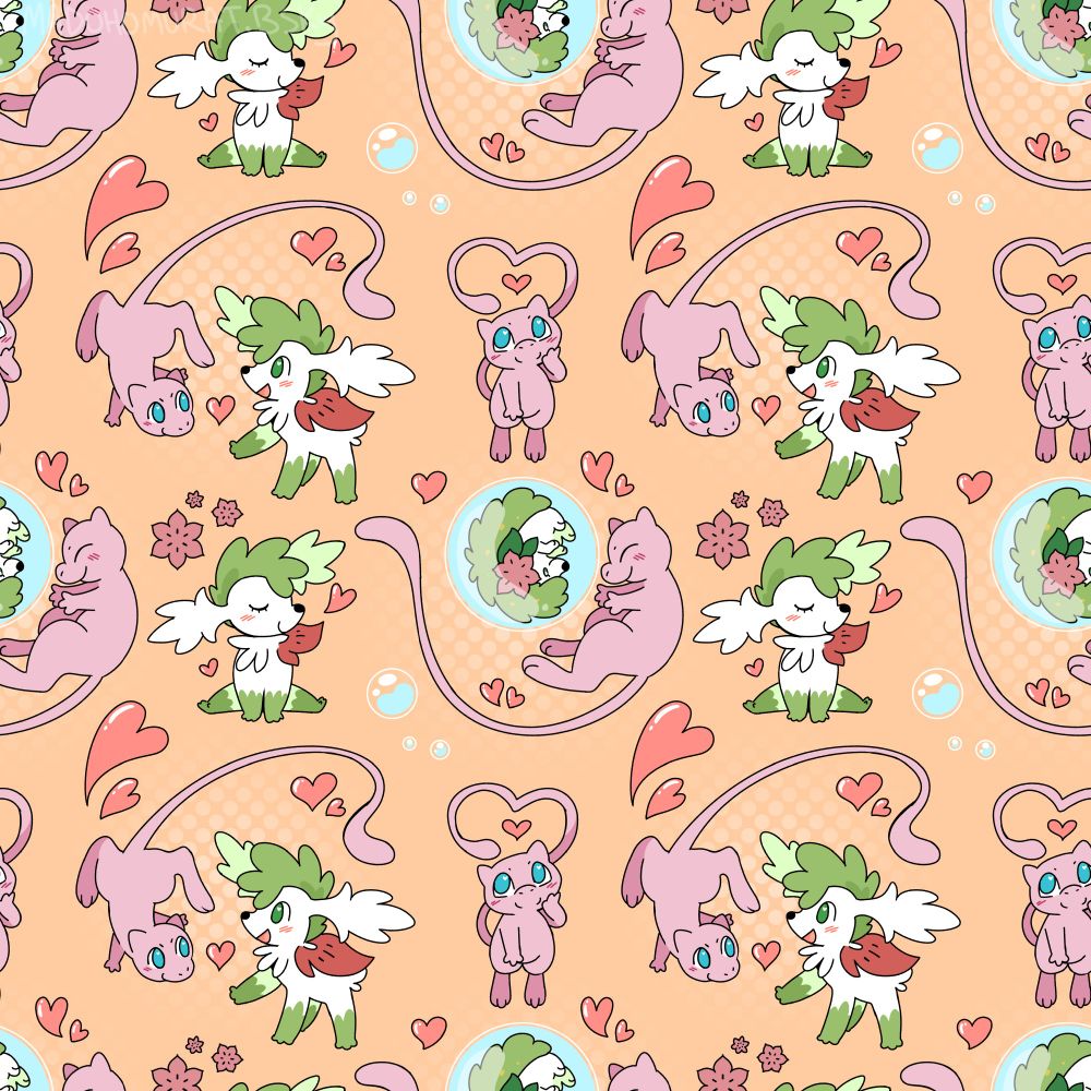 tile pattern of shaymin and mew interacting with lots of hearts