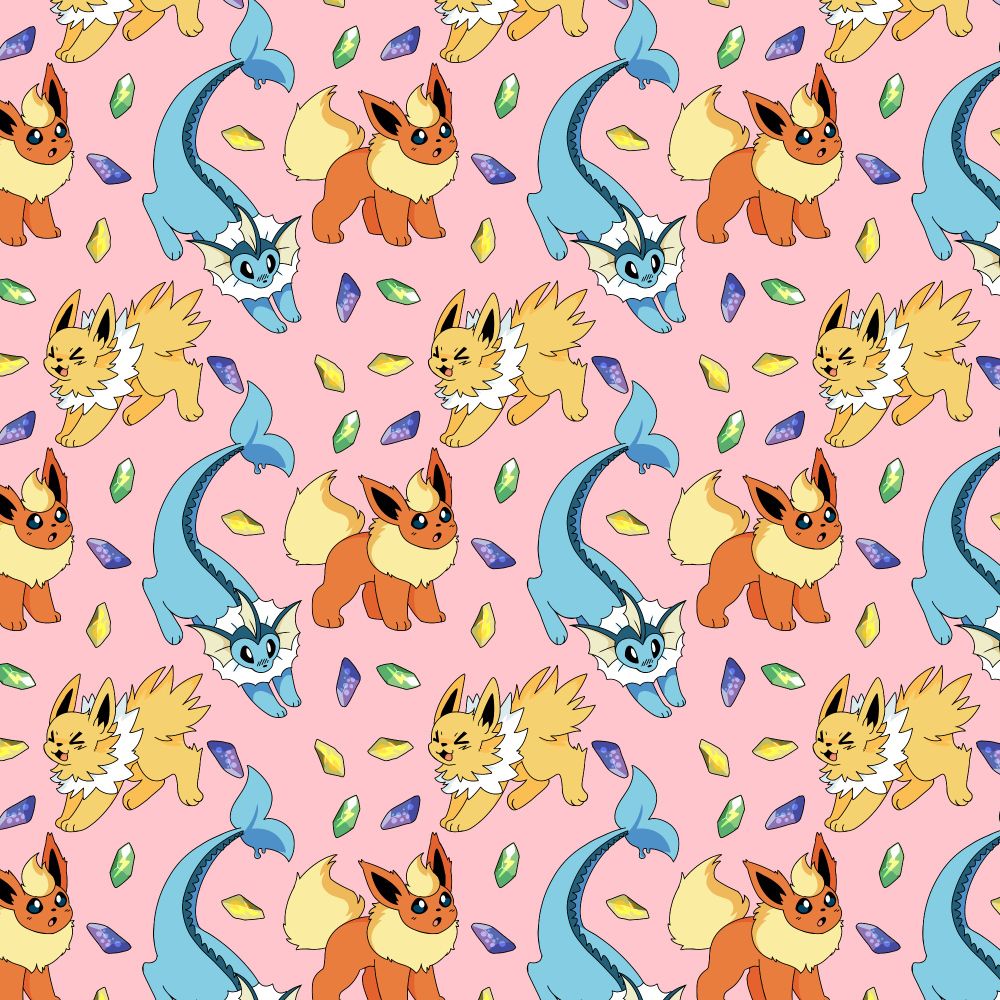 Seamless pattern featuring Vaporeon, Jolteon, Flareon, as well as water stones, fire stones, and thunder stones.
