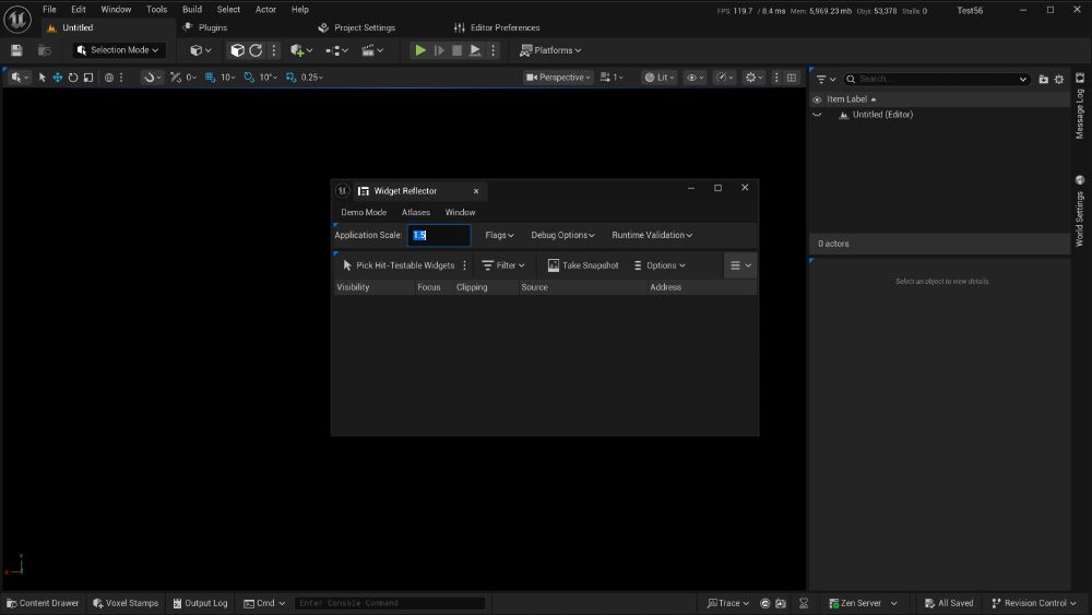 An image of Unreal Engine's Widget Reflector with the Application Scale field selected.