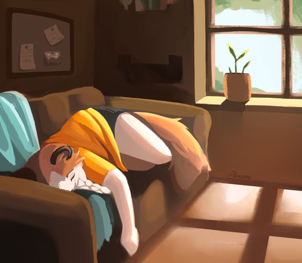 A messy work-in-progress digital painting of a feline anthro character napping on the couch