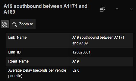 A screen capture from the Government's Strategic Road Network Speed and Delay tool showing the delay on the A19 southbound approaching Moor Farm roundabout is 52.0 seconds per vehicle mile.