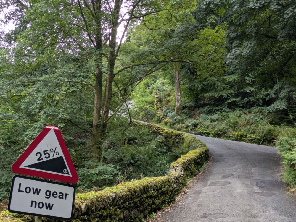 A road sign reading "25% Low Gear Now" on a narrow lane which curves around a bend and uphill through trees.