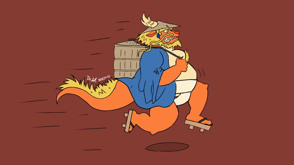 A bronze ( orangish red) dragonborn wearing a blue robe, while Mawashi, wooden sandals, and a bamboo hat, all the while carrying a bamboo basket backpack. He is running away with a frightened look on his face. 