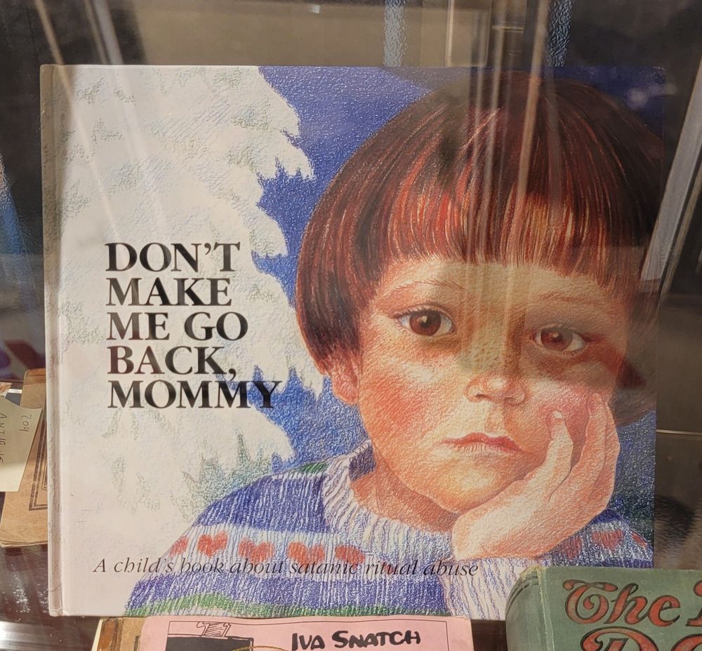 A children's book titled, 'Don't make me go back mommy - A child's book about ritual satanic abuse' from the Cambridge antique market. Seriously wtf