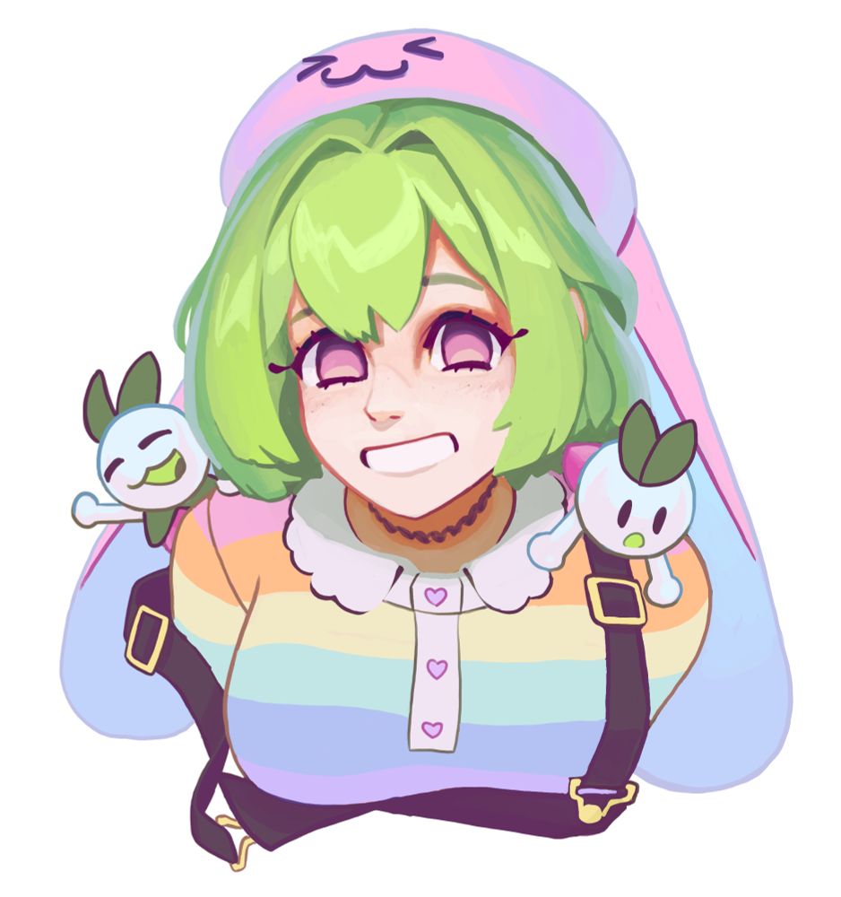Portrait of hummingbird fairy vtuber, Maia, smiling with a couple of her Ichis