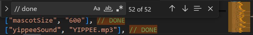 Screenshot of vscode with "done" next to two setting variables. One is "mascot size" and the other is "yippee sound."