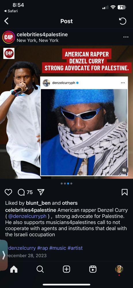 An ig post from December 28, 2023

“American rapper Denzel Curry (@denzelcurryph), strong advocate for Palestine.
He also supports musicians4 palestines call to not cooperate with agents and institutions that deal with the Israeli occupation
denzelcurry #rap #music #artist”

Denzel curry wears a Palestinian keffiyeh 