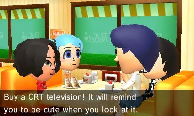 A screenshot from "Tomodachi Life" featuring four Miis sitting at a diner. One of the Miis is saying "Buy a CRT television! It will remind you to be cute when you look at it."