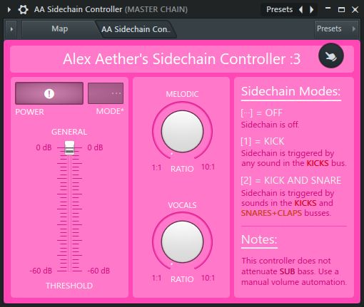 a screenshot of a pink Patcher plugin inside FL Studio 2025, titled "Alex Aether's Sidechain Controller :3"