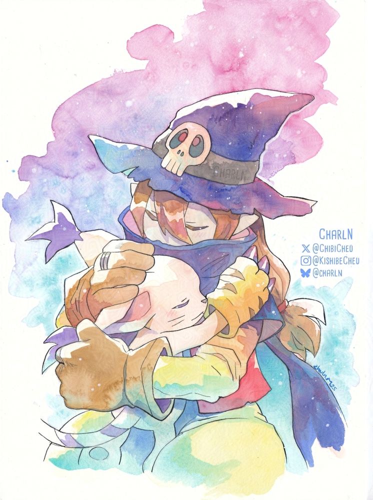 The Digimon Wizardmon and Gatomon hug each other