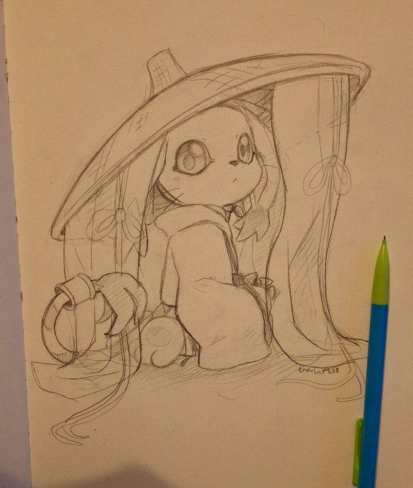 Gatomon with a asian outfit. She is kneeling on the ground