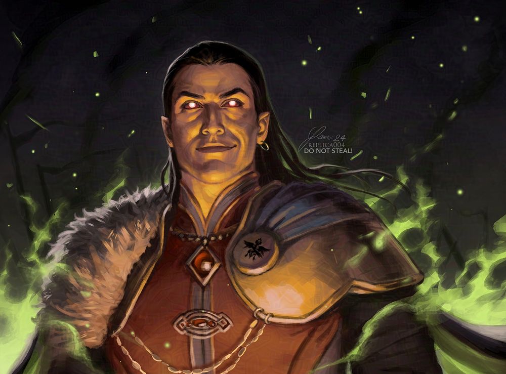 Bust illustration of Strahd von Zarovich, infamous Count of Barovia. He's walking on a battlefield, clad in green flames, a smug expression on his face. Strahd appears as a 40-something man, but is in fact a vampire, with pale skin and dark hair. He wear a rich vest with armor and fur.