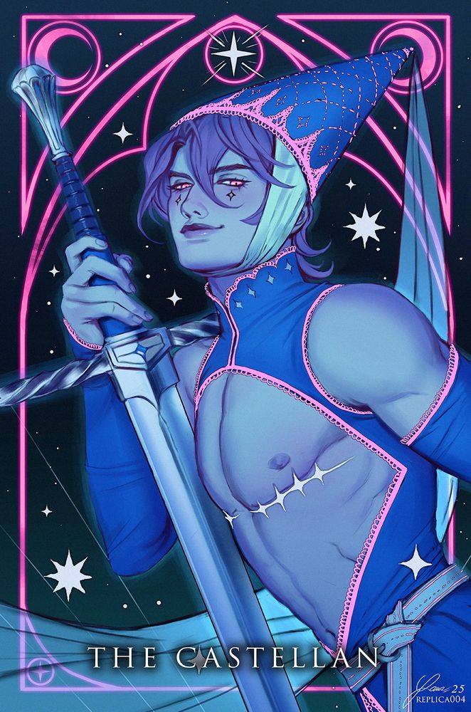 Tarot-like illustration of an original character, The Castellan. He's a trans man with a medieval skimpy outfit in blue and pink, holding a greatsword. Happy Pride 2025!! 