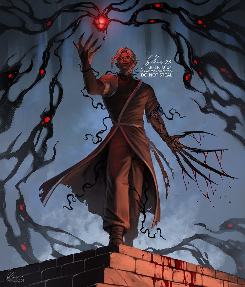 Full body commission of original drow character Rhyme. He's standing on a stone platform with one hand reaching for a core of rotting magic, and the other transformed into long talons, covered in blood. He has white short hair, bright red eyes and dark greyish skin. All around him tendrils of dark magic are reaching for the core as well.