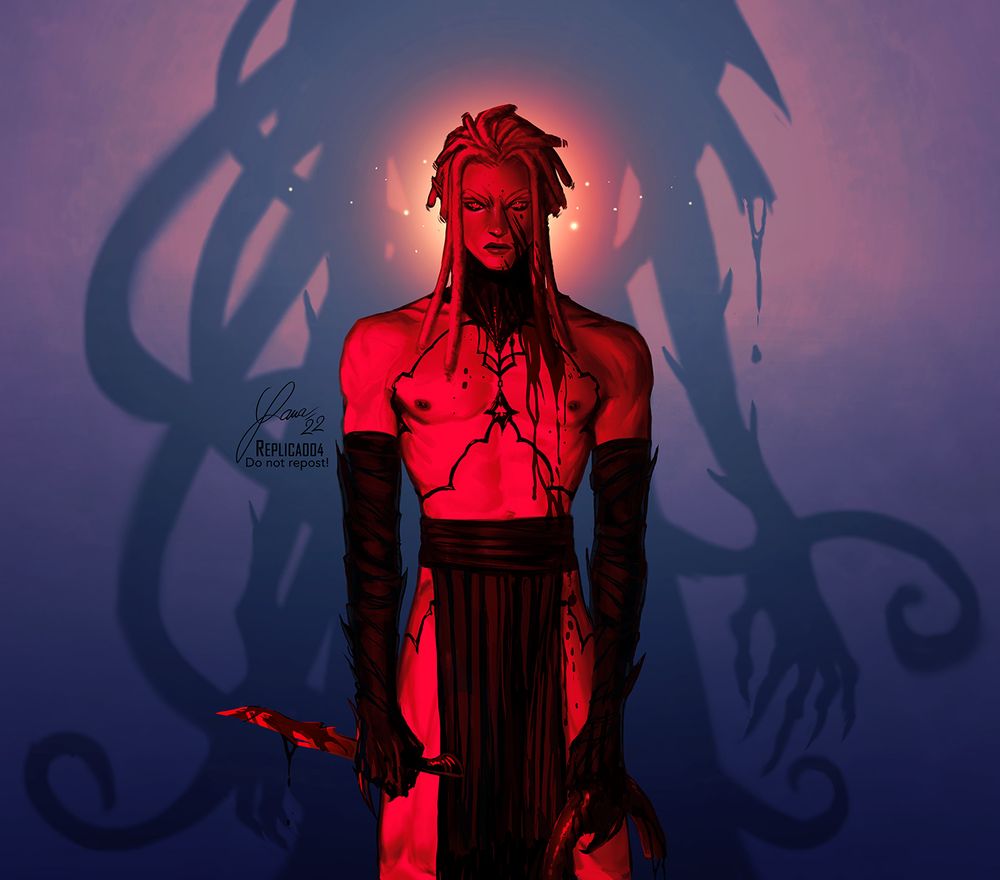 Waist up illustration of my drow psionicist Qerr'yell Oblodra, covered in blood and a revealing leather outfit, in the shadow of the ulitharid Umarixx, from whom he cut off one of the six face tentacles. The creature was his mentor in the mind flayer city of Phanlinksal. old piece from 2022