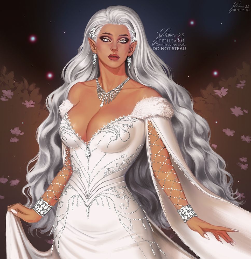 Waist up illustration of original character Lelliana. She's a blind, elven featured woman with stark silver eyes and hair, strong defined cheekbones with a softly structured jaw.
She wears pure white with silver accents such as, appliqué, rhinestones, or jewels.