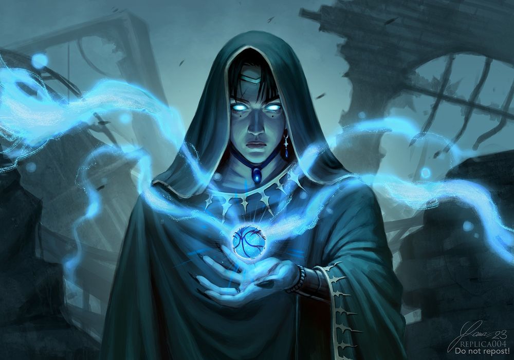 Bust portrait of my Dungeons & Dragons original character, Arcanist Zeno of Netheril. He's a young-looking human man with short dark-blond bangs, a circlet crown on his forehead, two dots tattooed below his eyes, that are glowing with light blue magic as he's casting a spell through an artifact (a modified version of Kings' tears he developed together with Lord Karsus). He's walking through the foggy ruins of fallen netherese enclave of Aquessir, wearing a hooded dark-teal robe trimmed in silver. 2023.