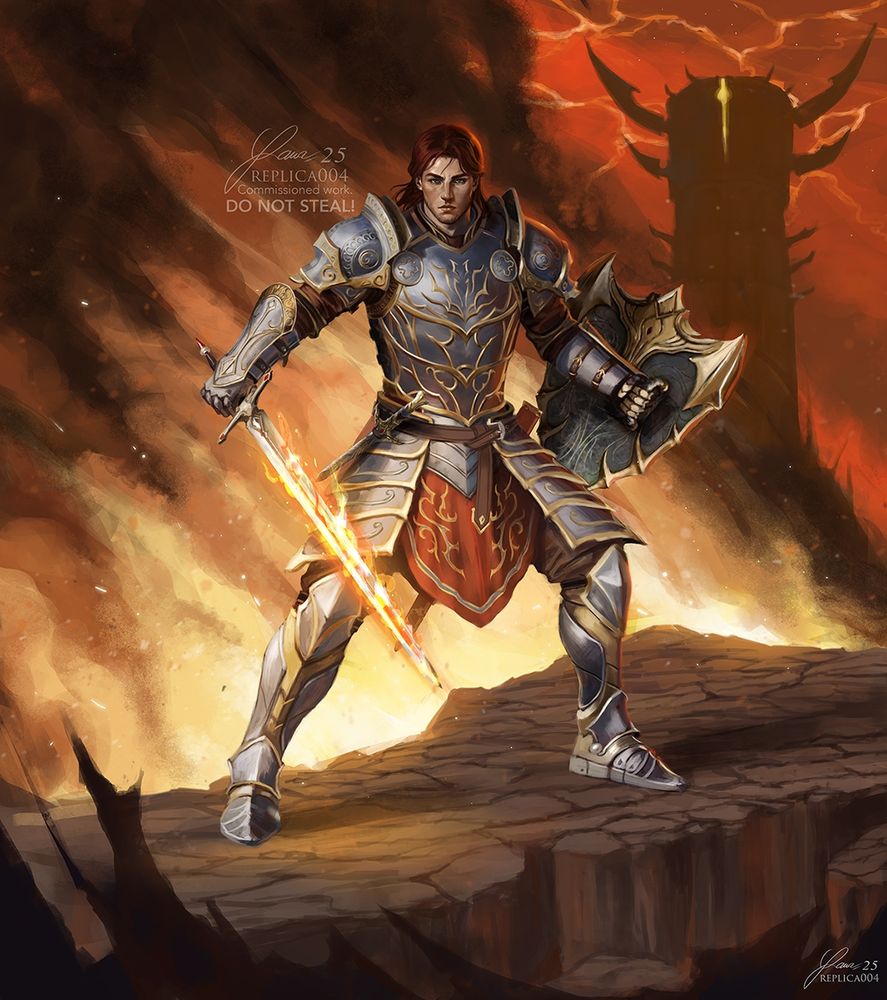 Full body commissioned illustration of Raury Atlas, Hero of Kvatch from Tes 4 Oblivion Remastered.  He is a young man with white skin, fiery red hair and green eyes. There's a scowl on his face as he looks at the viewer from a rocky path inside an Oblivion Gate. He's wearing an intricate armor set in silver and gold, with a flaming sword in his right hand and a shield on the other. Behind him in the background there's an Oblivion Tower and a wall of fire.