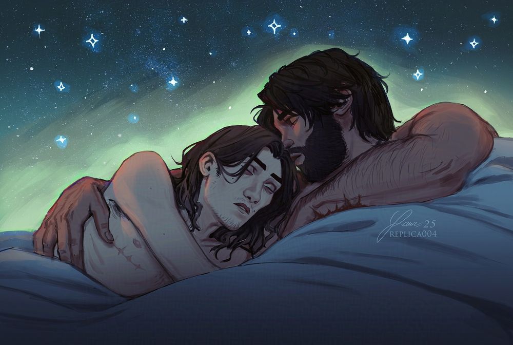 Fanart of Viktor and Jayce from Arcane, sleeping and cuddling in a bed, with a canopy of little stars above them
