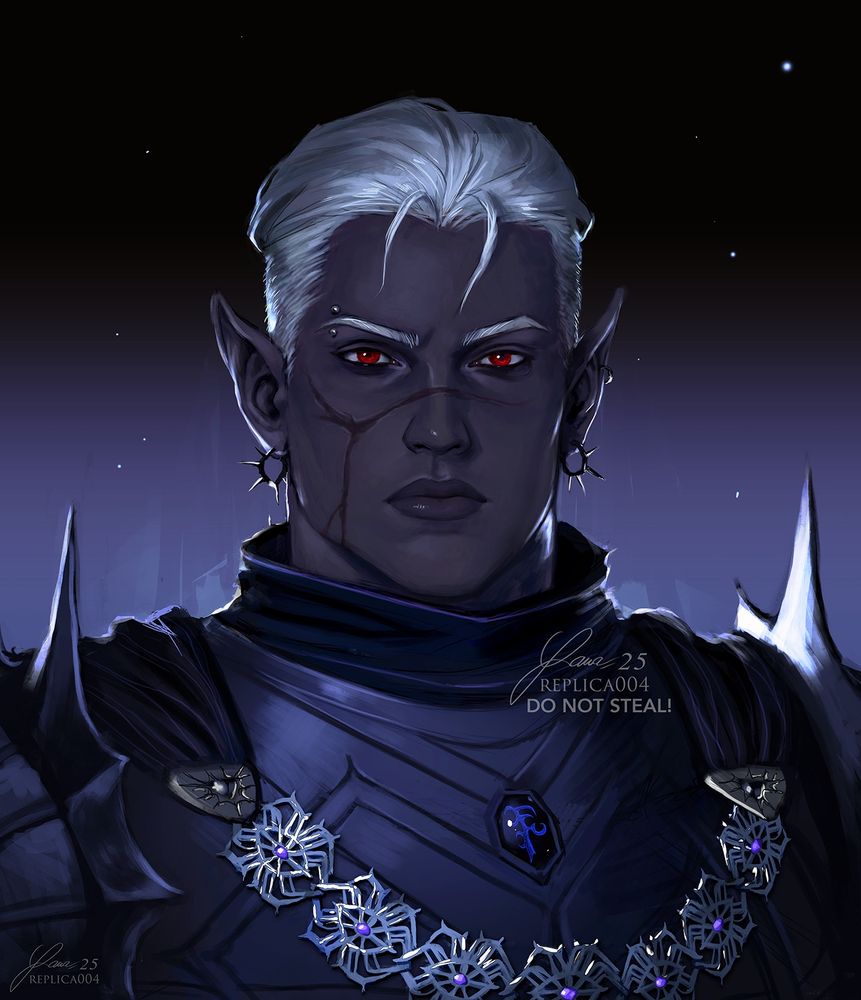 Bust portrait of Paladin Naj'all Armgo, from house Barrison Del'Armgo of Menzoberranzan, my original character. He has dark skin, white hair and dark red eyes, with an eyebrow piercing and a scar on his face. He's wearing an opaque set of armor with a cape and a heavy chain on his chest. He has the Barrison Del'Armgo insignia on his chest.