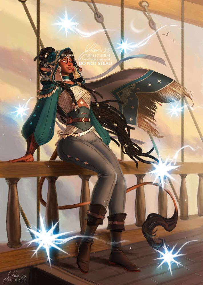 Full body commissioned illustration of Ruwaiyda (Ruwy) Inara, Firbolg  Lunar Sorcerer. She is a tall slender woman with bronze skin, shining eyes, long dark brown/black dreadlocks and many golden piercings/earrings. She's sitting on the balaustrade of a flying airship, surrounded by icy magic stars all around. Her outfit consists of colorful robes, the most prevalent colors are metallic emerald green and teal mixed with brass and brown and beige. She wears a wide large shawl that flows behind her freely with sun imagery embroidered on it. 