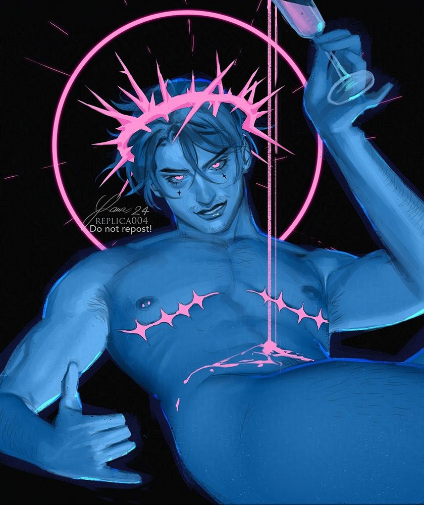 illustration of jesus as a trans man, with a crown of thorns and top surgery scars. Celebrating his existence with a glass of champagne