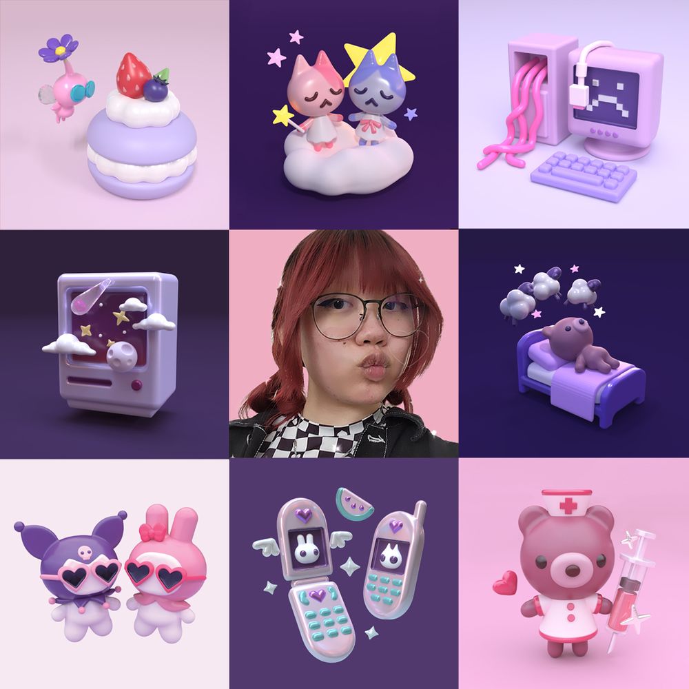 person with red hair in buns surrounded in a grid by their 3d illustrations, which features things like a flying pikmin and macaron, sad computer, sleeping bear, flip phones, and nurse bear.