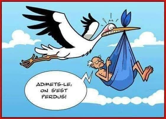 Une cigogne transporte dans un baluchon un vieillard qui lui dit : « admets-le, on s’est perdus ». 