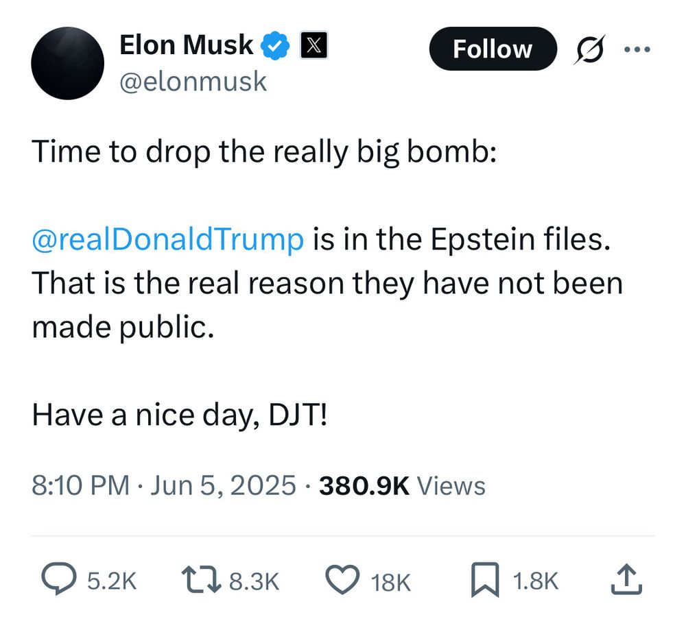 Elon Musk accusing Donald Trump of being in the Epstein files.