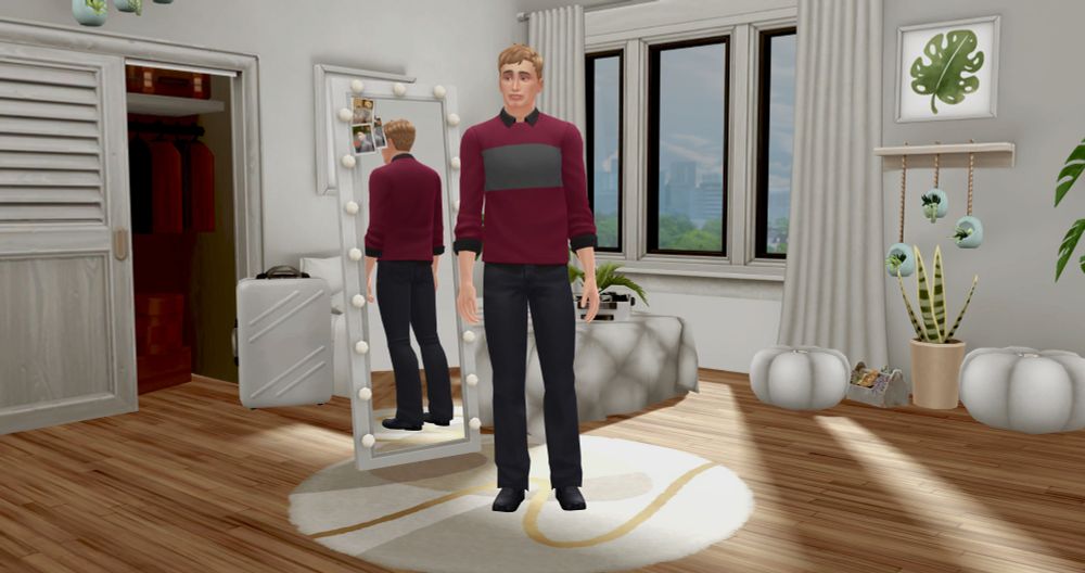 sims version of arthur. he is wearing a red sweater with a black button up beneath, the collar showing. he is also wearing black straight leg pants and black loafers
