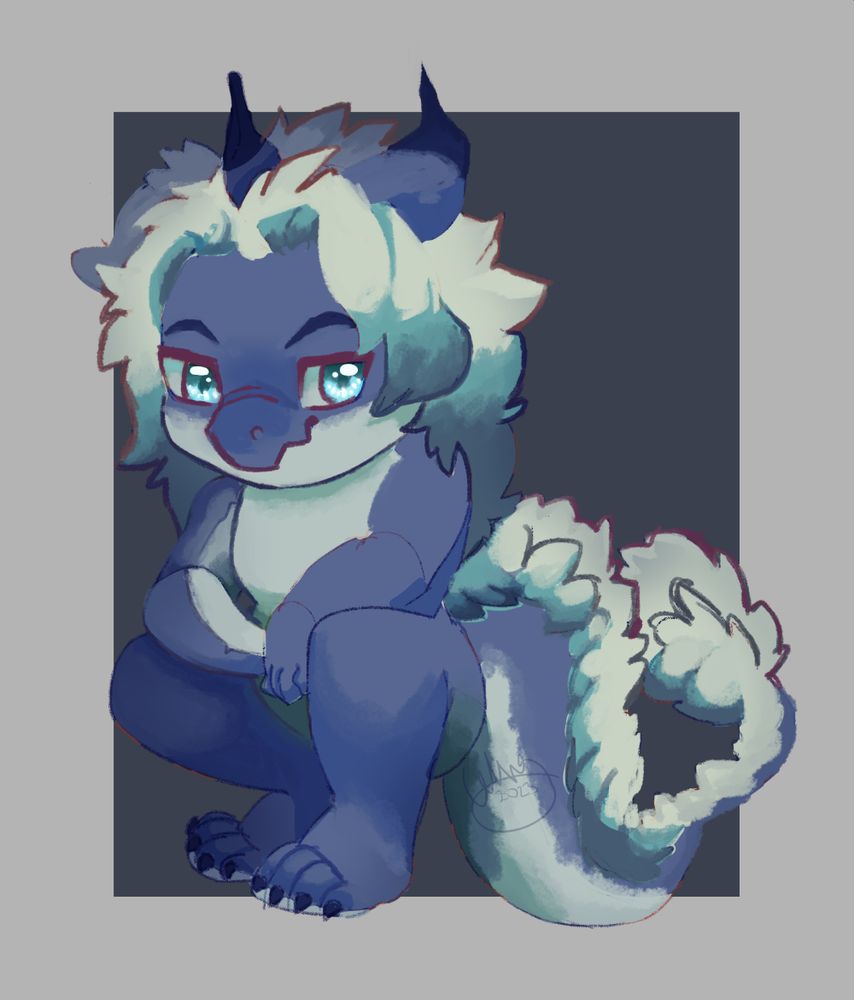 a blue and white dragon with bright blue eyes and a fluffy tail kneeling and looking at the viewer