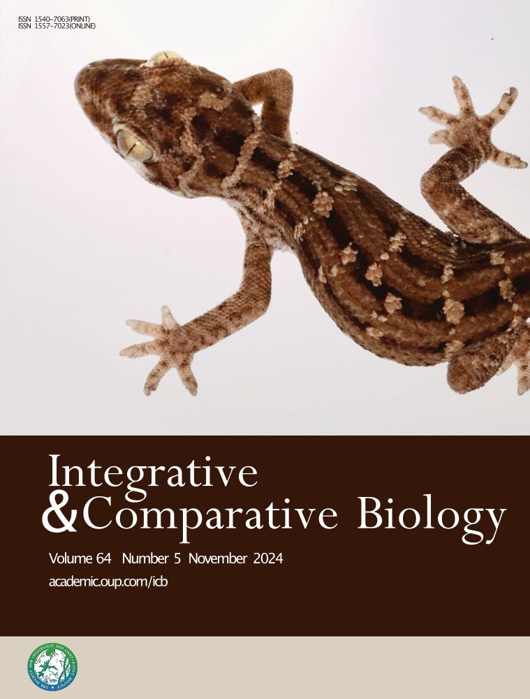 The cover of Integrative & Comparative Biology, volume 64, number 5, 2024. The cover features a view from above of a viper gecko (Hemidactylus imbricatus), a brown gecko with large scales and tan speckles.