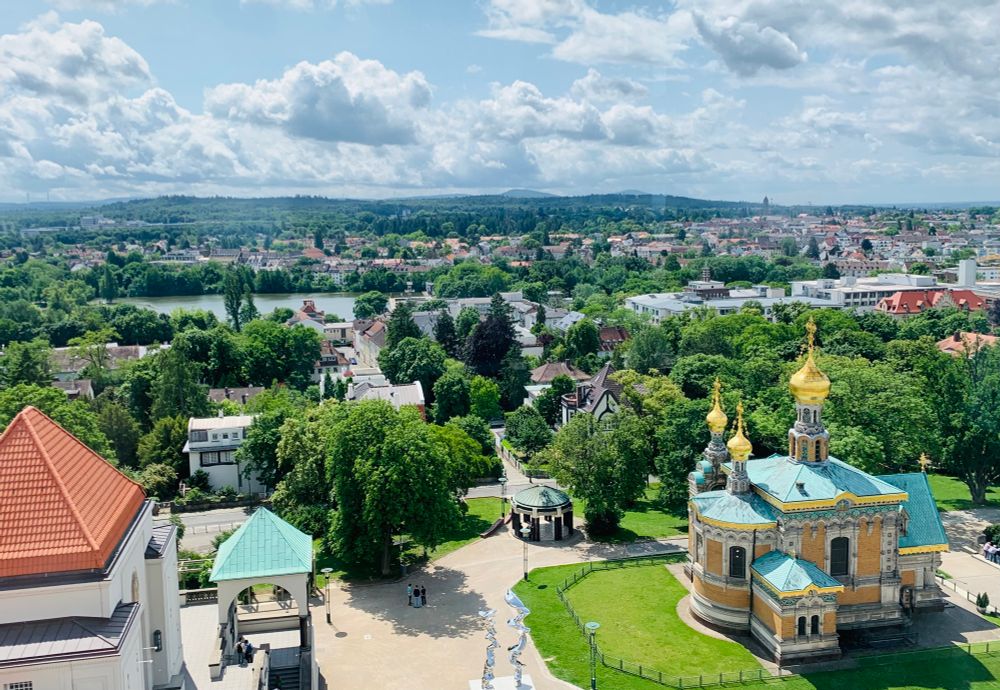 A view across the Mathildenhöhe with the Russian Chapel across ‘de große Woog’ - a nature bath - towards the Odenwald.