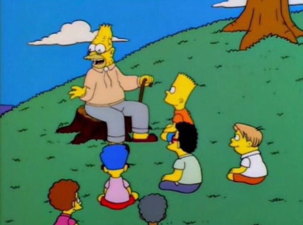 old man in Simpsons talking to a group of little kids