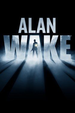 The title Alan Wake fills the poster in large, white, foggy letters, casting a reflection below across a black inky void. Our titular character stands in the center of the "A" of Wake as he shines his flashlight towards the viewer.