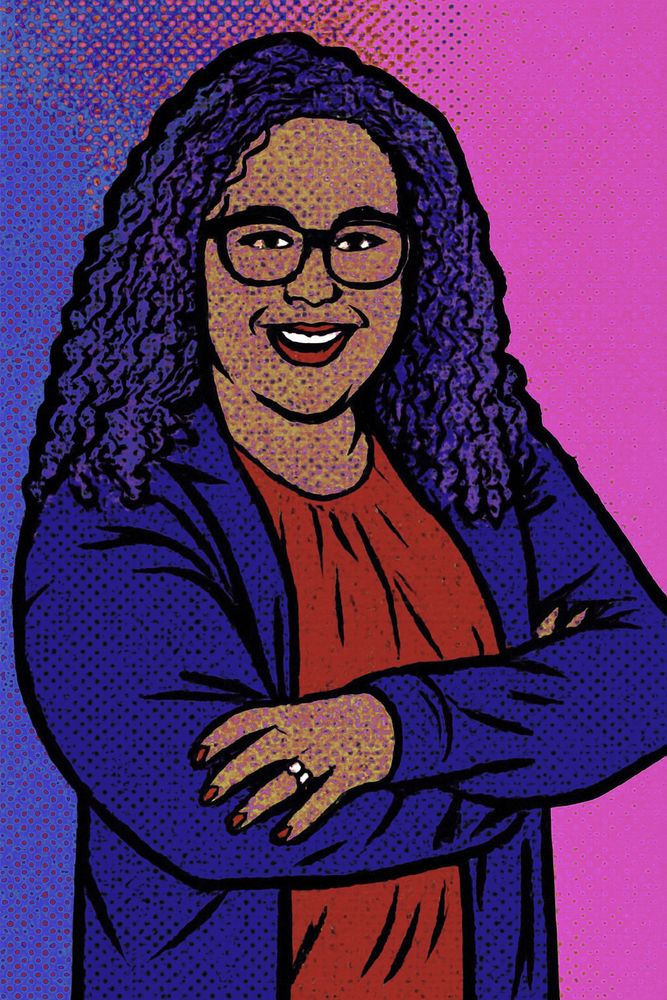 Image is a pop art version of 2026 VA-01 Democratic primary candidate Ericka Kopp.