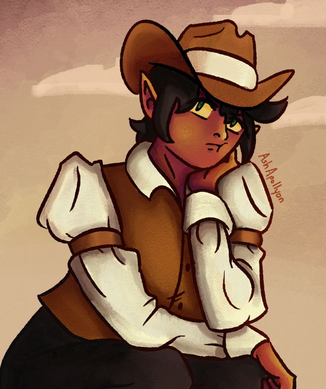 A digital illustration of Aisha's OC, Ashtail. She's a cowgirl with dull red skin that shines gold/yellow, a brown vest atop a cream-colored collared shirt with poofy sleeves and brown bands under the shoulders, a brown cowboy hat with a cream-colored band, and black pants. She is leaning on her left arm, her right arm crossed on her leg in a squatted position, glaring upwards with an annoyed expression. The background is a muted sunset-colored sky with very faint clouds.