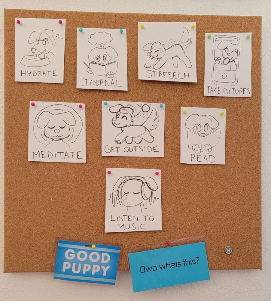 pen doodles with labels for little self care reminders: hydrate, journal, streeetch, take pictures, meditate, get outside, read, listen to music